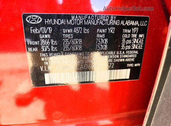 5NMS5CAD6KH085572 2019 HYUNDAI SANTA Красный Вид наклейки с VIN-кодом