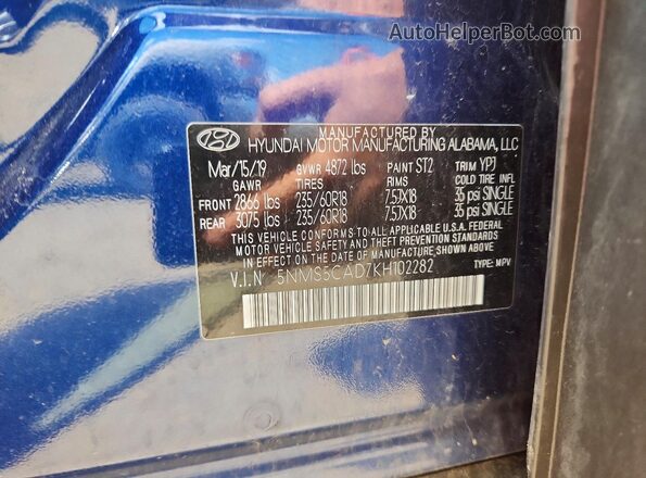 5NMS5CAD7KH102282 2019 HYUNDAI SANTA Blue VIN կոդի պիտակի տեսք