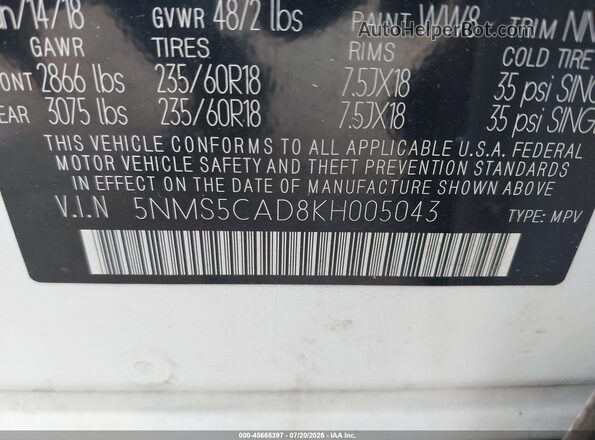 5NMS5CAD8KH005043 2019 HYUNDAI SANTA FE White Вид підкапотного простору