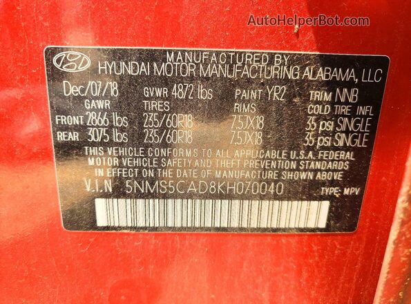 5NMS5CAD8KH070040 2019 HYUNDAI SANTA Orange VIN sticker view