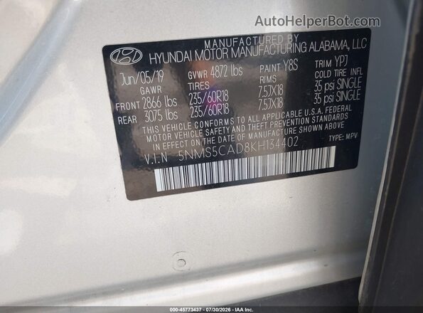 5NMS5CAD8KH134402 2019 HYUNDAI SANTA FE White ძრავის განყოფილების ხედი