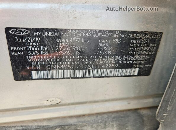 5NMS5CADXLH142289 2020 HYUNDAI SANTA Silver Widok naklejki z numerem VIN