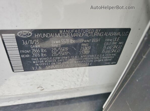 5NMS5DA13PH013344 2023 HYUNDAI SANTA White VIN კოდის სტიკერის ხედი