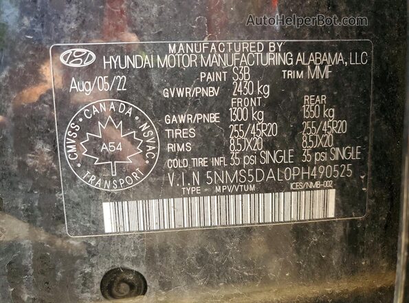 5NMS5DAL0PH490525 2023 HYUNDAI SANTA Black VIN sticker view