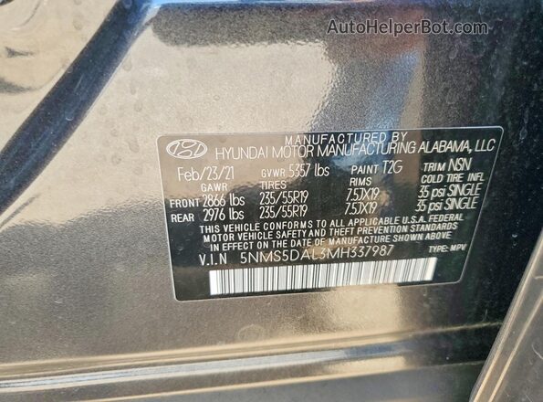 5NMS5DAL3MH337987 2021 HYUNDAI SANTA Gray Vista del compartimento del motor