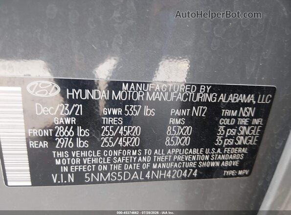 5NMS5DAL4NH420474 2022 HYUNDAI SANTA FE Gray ძრავის განყოფილების ხედი