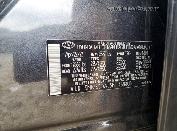 5NMS5DAL5NH458800 2022 HYUNDAI SANTA Серый Вид наклейки с VIN-кодом
