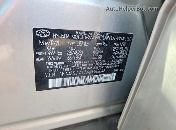 5NMS5DAL7MH365646 2021 HYUNDAI SANTA Silver Widok naklejki z numerem VIN