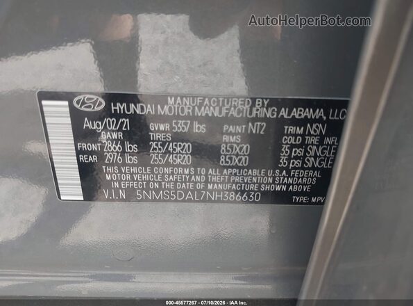 5NMS5DAL7NH386630 2022 HYUNDAI SANTA FE Gray Widok komory silnika