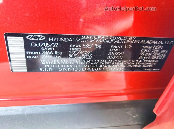 5NMS5DAL8PH512335 2023 HYUNDAI SANTA Red Vista interior de 360 grados