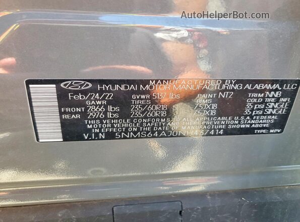 5NMS64AJ0NH437414 2022 HYUNDAI SANTA Серебряный Вид подкапотного пространства