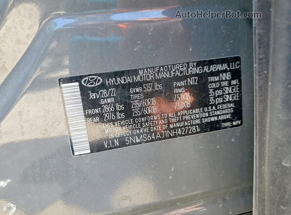 5NMS64AJ1NH427281 2022 HYUNDAI SANTA Black VIN sticker view