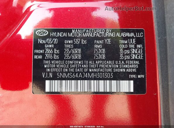 5NMS64AJ4MH301303 2021 HYUNDAI SANTA FE Red ძრავის განყოფილების ხედი