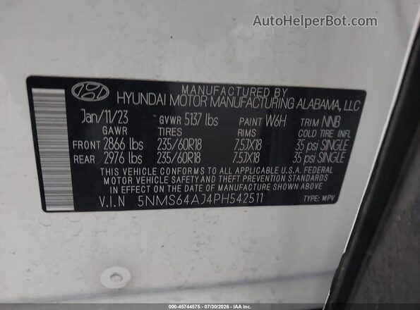 5NMS64AJ4PH542511 2023 HYUNDAI SANTA FE White ძრავის განყოფილების ხედი