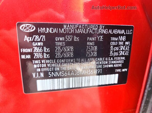 5NMS64AJ6MH361891 2021 HYUNDAI SANTA Red Vista de la etiqueta del VIN