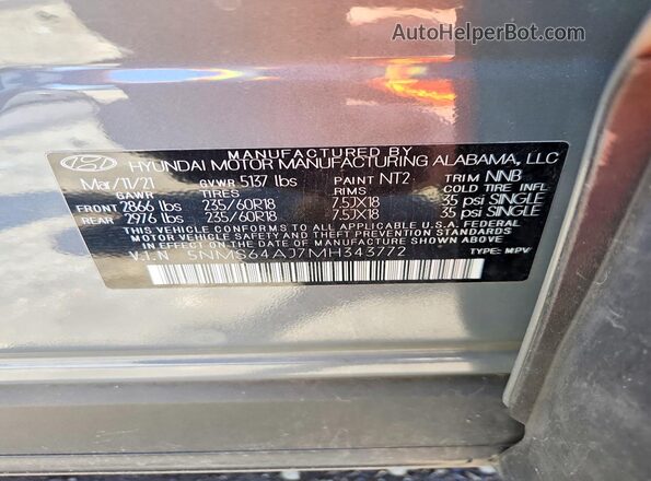 5NMS64AJ7MH343772 2021 HYUNDAI SANTA Серебряный Вид наклейки с VIN-кодом