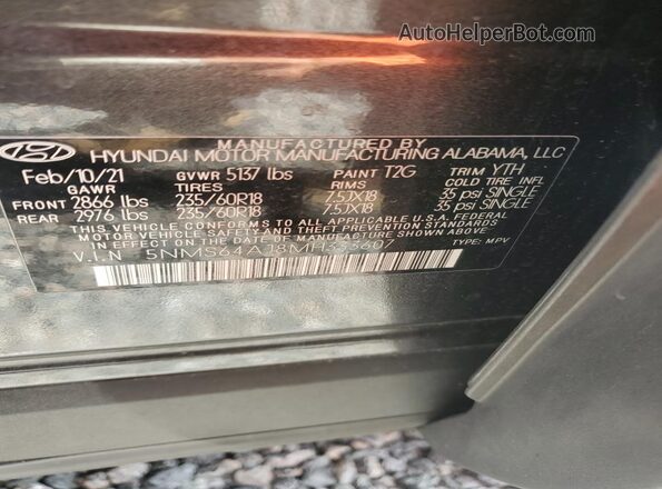 5NMS64AJ8MH333607 2021 HYUNDAI SANTA Gray Սալոնի 360 աստիճան տեսք