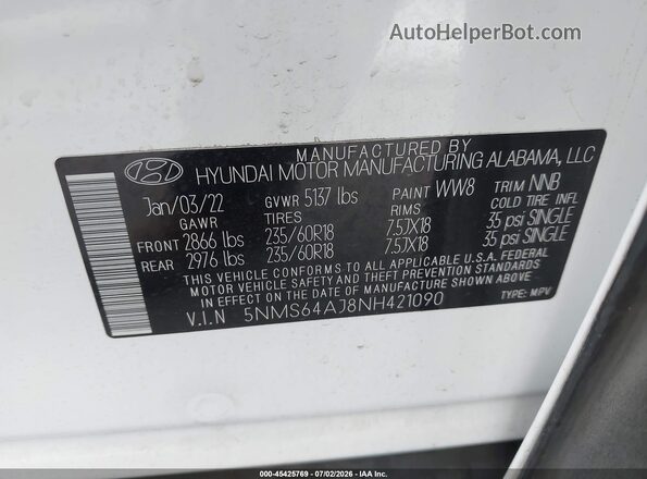 5NMS64AJ8NH421090 2022 HYUNDAI SANTA FE White ძრავის განყოფილების ხედი