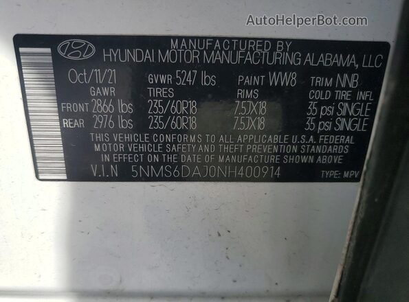 5NMS6DAJ0NH400914 2022 HYUNDAI SANTA Белый Вид наклейки с VIN-кодом