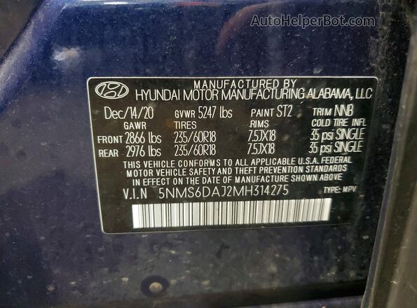5NMS6DAJ2MH314275 2021 HYUNDAI SANTA Синий Вид наклейки с VIN-кодом