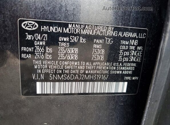 5NMS6DAJ2MH319167 2021 HYUNDAI SANTA Black Սալոնի 360 աստիճան տեսք