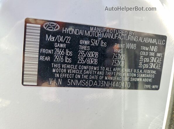 5NMS6DAJ3NH440470 2022 HYUNDAI SANTA White VIN კოდის სტიკერის ხედი