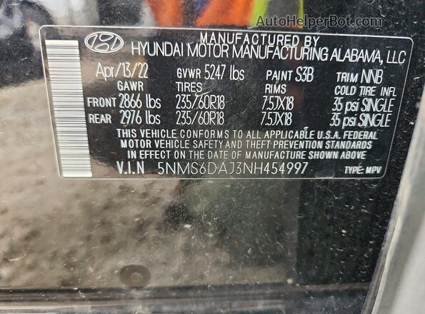 5NMS6DAJ3NH454997 2022 HYUNDAI SANTA Черный Вид наклейки с VIN-кодом