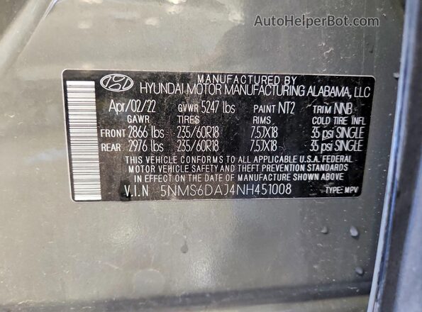 5NMS6DAJ4NH451008 2022 HYUNDAI SANTA Gray Vista de la etiqueta del VIN