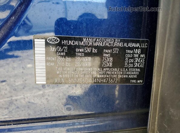 5NMS6DAJ4NH473672 2022 HYUNDAI SANTA Blue Widok komory silnika
