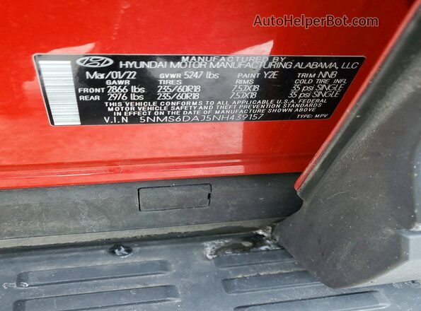 5NMS6DAJ5NH439157 2022 HYUNDAI SANTA Red Vista de la etiqueta del VIN