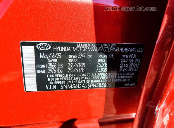 5NMS6DAJ5PH583603 2023 HYUNDAI SANTA Red Вид наклейки з VIN-кодом