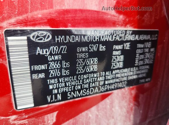 5NMS6DAJ6PH491402 2023 HYUNDAI SANTA Red VIN კოდის სტიკერის ხედი