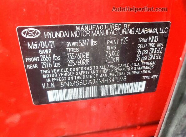 5NMS6DAJ7MH341598 2021 HYUNDAI SANTA Красный Вид наклейки с VIN-кодом