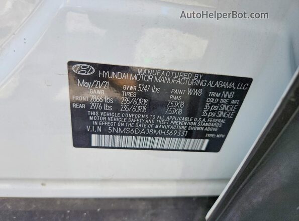 5NMS6DAJ8MH369331 2021 HYUNDAI SANTA White VIN კოდის სტიკერის ხედი