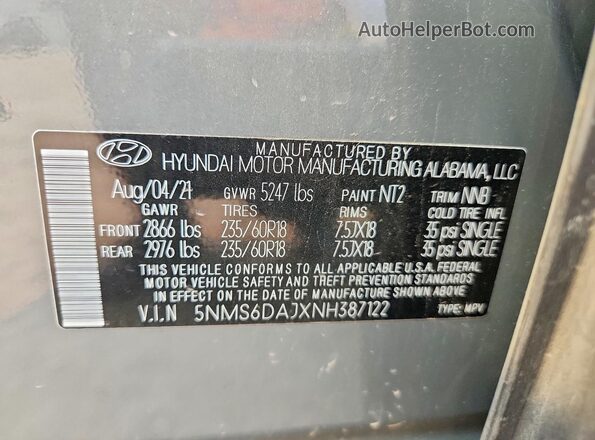 5NMS6DAJXNH387122 2022 HYUNDAI SANTA Gray Вид наклейки з VIN-кодом