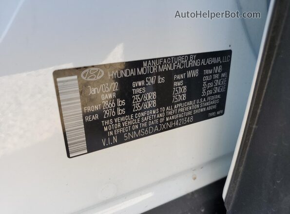 5NMS6DAJXNH421348 2022 HYUNDAI SANTA White Widok wnętrza 360 stopni