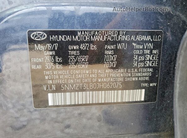 5NMZT3LB0JH062075 2018 HYUNDAI SANTA Gray 