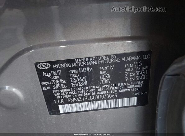 5NMZT3LB0JH078065 2018 HYUNDAI SANTA FE SPORT Gray Engine compartment view