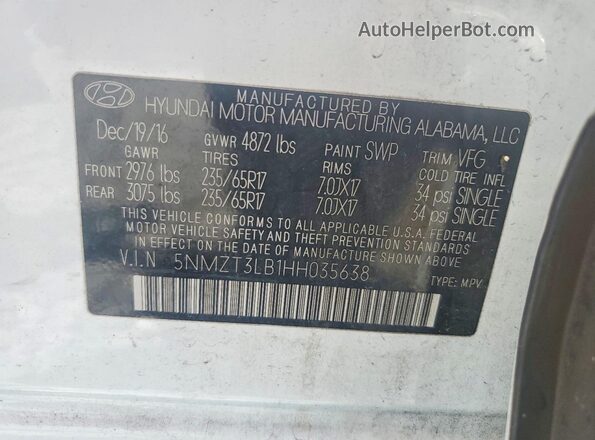 5NMZT3LB1HH035638 2017 HYUNDAI SANTA Белый Вид наклейки с VIN-кодом