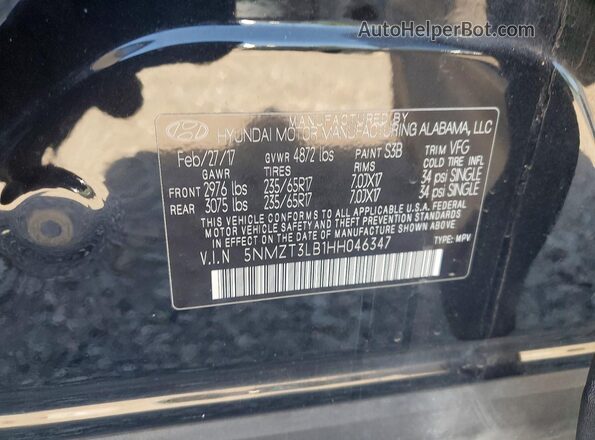 5NMZT3LB1HH046347 2017 HYUNDAI SANTA Black Панорамний вид салону 360°