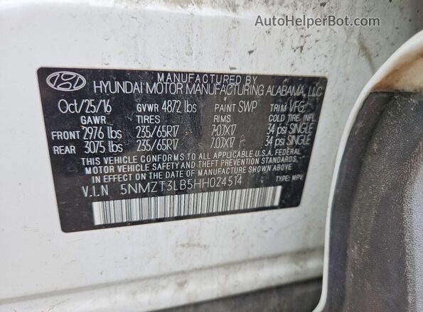 5NMZT3LB5HH024514 2017 HYUNDAI SANTA White Engine compartment view