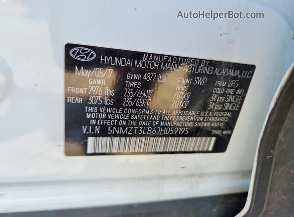 5NMZT3LB6JH059195 2018 HYUNDAI SANTA Белый Вид подкапотного пространства