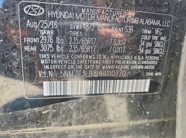 5NMZT3LB8HH010770 2017 HYUNDAI SANTA Black ძრავის განყოფილების ხედი