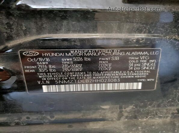 5NMZTDLB2HH023083 2017 HYUNDAI SANTA Charcoal Widok naklejki z numerem VIN