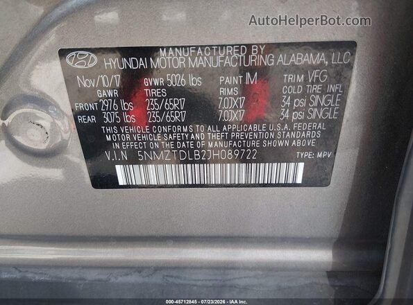 5NMZTDLB2JH089722 2018 HYUNDAI SANTA FE SPORT Gray Vista del compartimento del motor