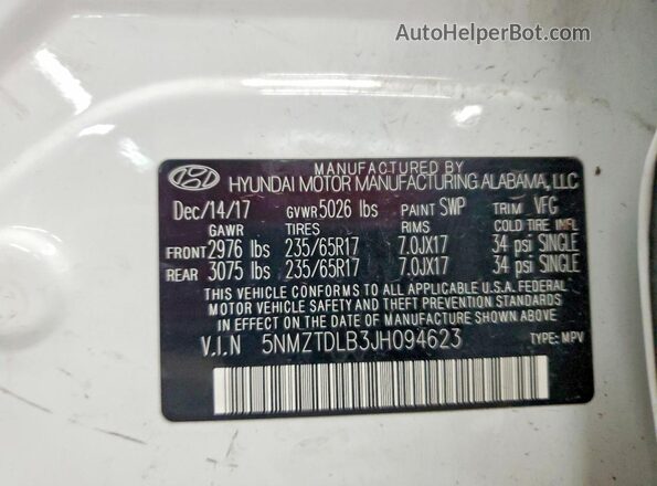 5NMZTDLB3JH094623 2018 HYUNDAI SANTA White Widok naklejki z numerem VIN
