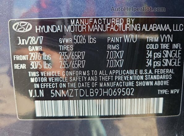 5NMZTDLB9JH069502 2018 HYUNDAI SANTA Blue VIN კოდის სტიკერის ხედი