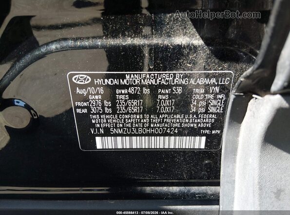 5NMZU3LB0HH007424 2017 HYUNDAI SANTA FE SPORT Black ძრავის განყოფილების ხედი