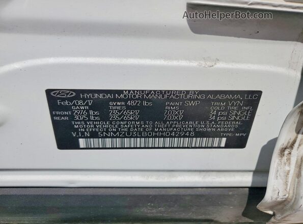 5NMZU3LB0HH042948 2017 HYUNDAI SANTA Белый Вид наклейки с VIN-кодом