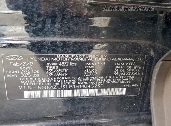 5NMZU3LB1HH045230 2017 HYUNDAI SANTA Black Vista de la etiqueta del VIN